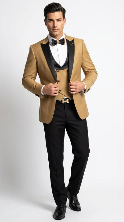 Men's Dark Camel Tan Khaki and Black Great Gatsby Tuxedo Suit – Vintage 1920s Formal Wedding, Party and Event Wear