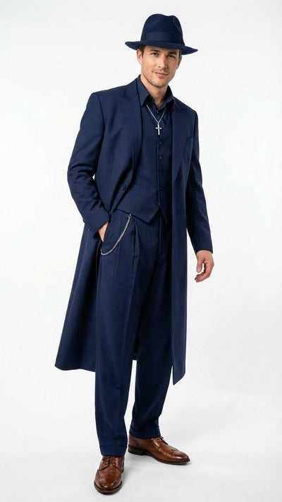Men’s Navy Blue 1920s Zoot Suit – Long Mafia Gangster Three-Piece Vintage Costume Set Zuit Pachuco Style