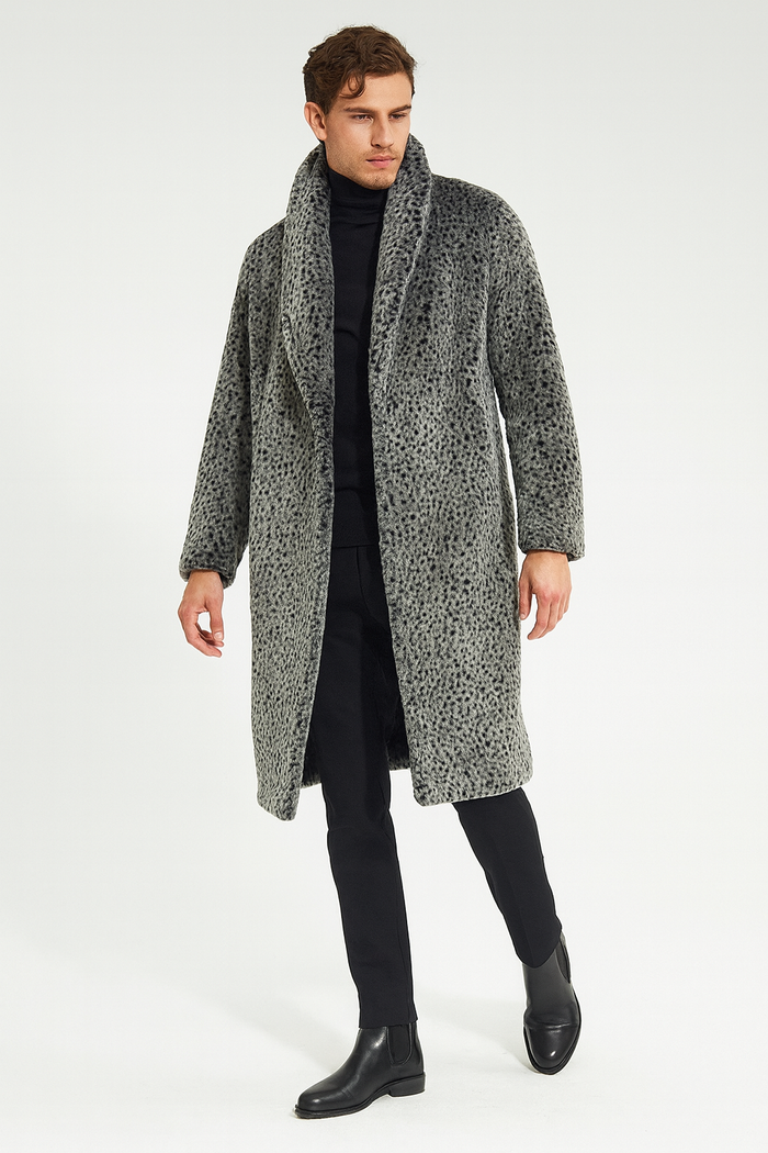 Men’s Grey Faux Fur Animal Print Overcoat