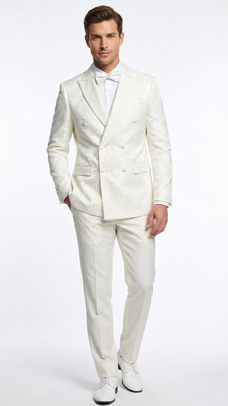 Men’s Ivory Double Breasted Tuxedo Dinner Jacket – Textured Blazer Paisley Texture Pattern in Off White Cream Color + Bowtie Ivory / 48 Long