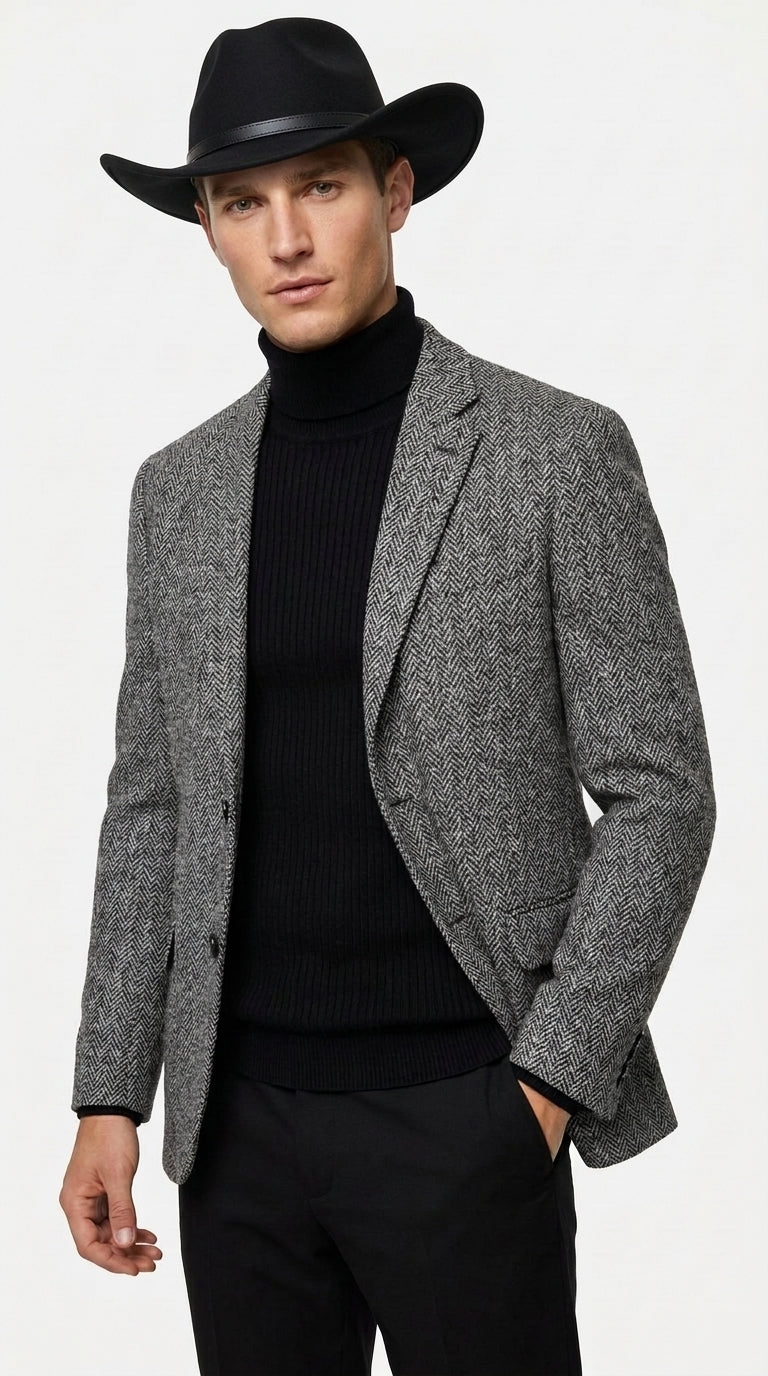 Men’s Grey Herringbone Winter Cowboy Blazer – Western Sport Coat Jacket