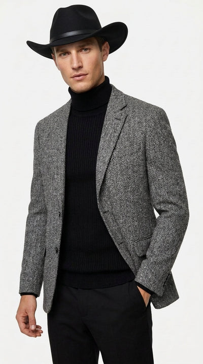 Men’s Grey Herringbone Winter Cowboy Blazer – Western Sport Coat Jacket