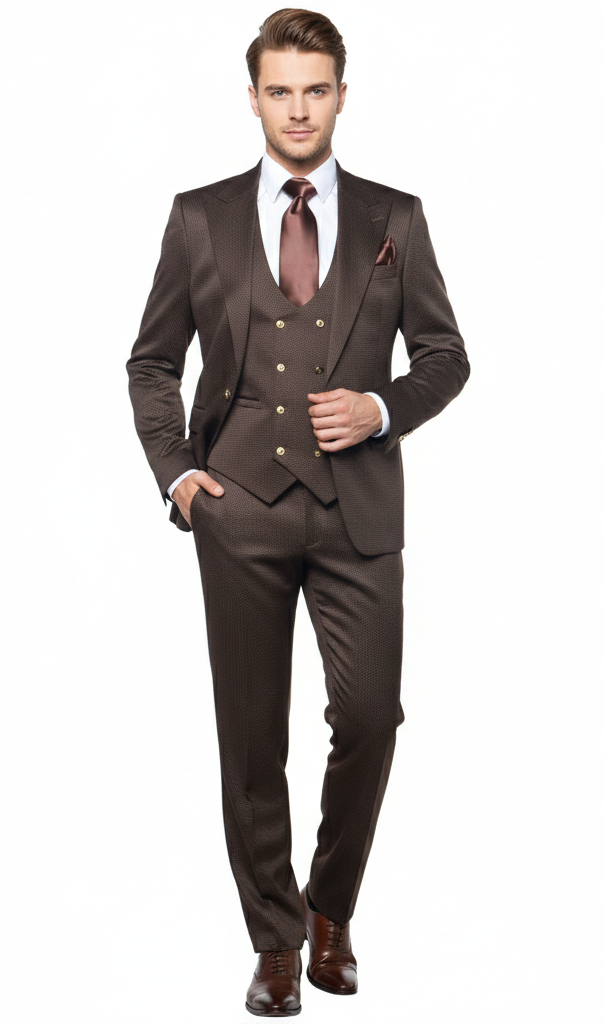 Men’s Chocolate Brown Textured 3-Piece Suit – Luxury Double-Breasted Vest Formal Set