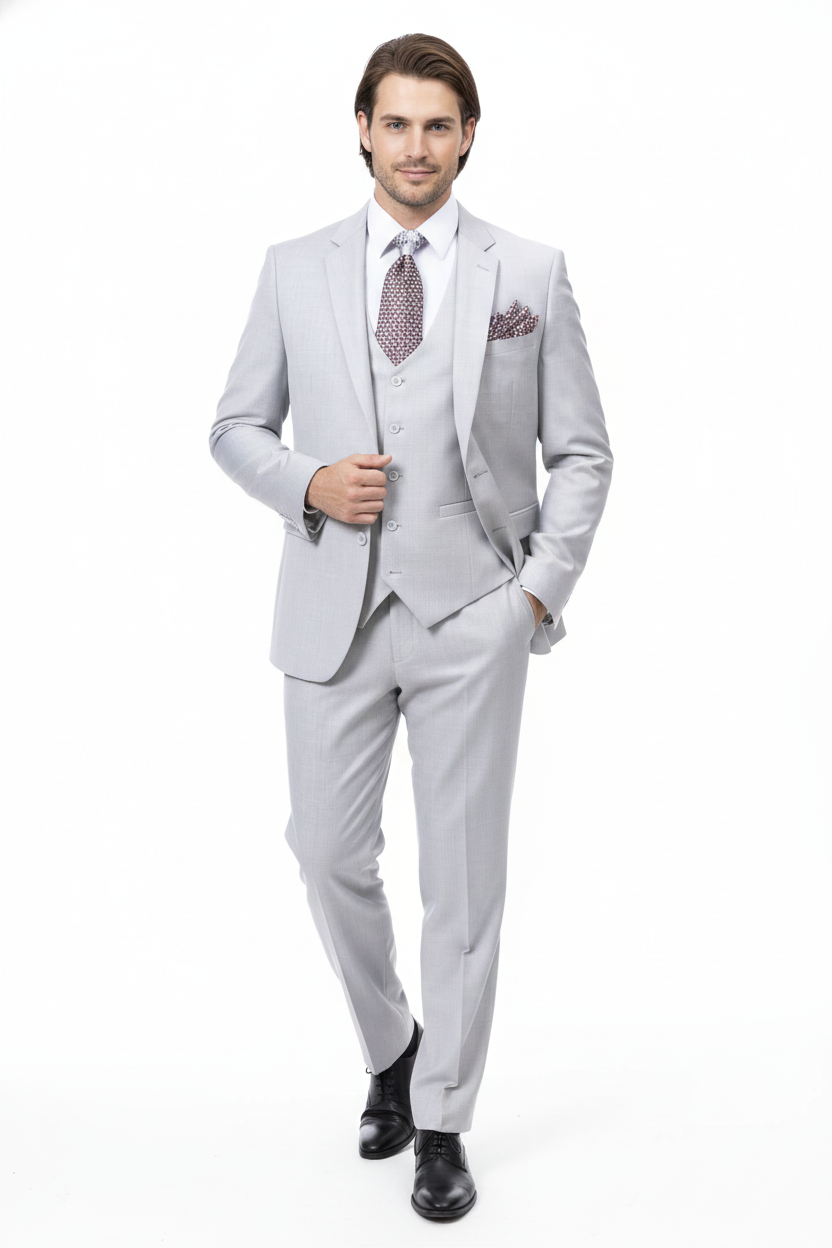 Men’s Very Light Gray Three-Piece  Wedding Suit 2 Buttons Modern or Slim Fit  Ash Bone Color Steel Grey
