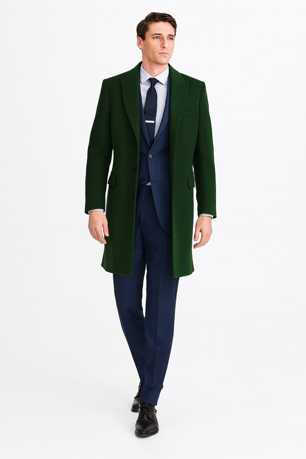 Men’s Dark Green Wool Overcoat - Classic Long Coat