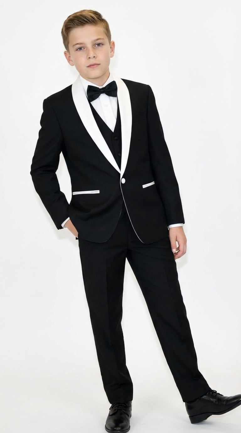 Boys Black Tuxedo Suit with White Shawl Lapel and Bow Tie | Formal Wedding & Prom Outfit Set