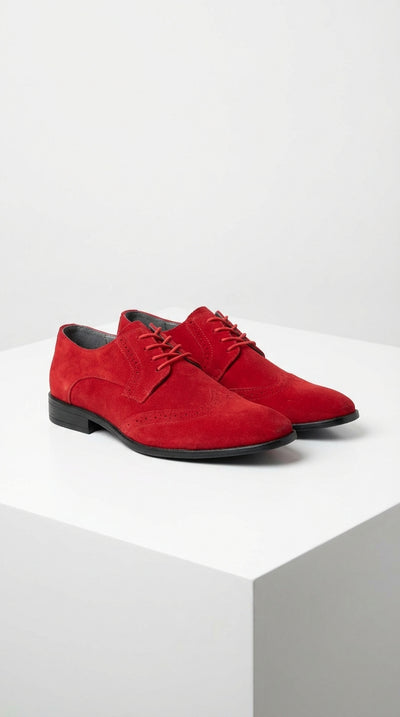 Men’s Red Suede Tuxedo Dress Shoes | Formal Lace-Up Wingtip Shoes for Wedding, Prom & Party - Velvet Shoe