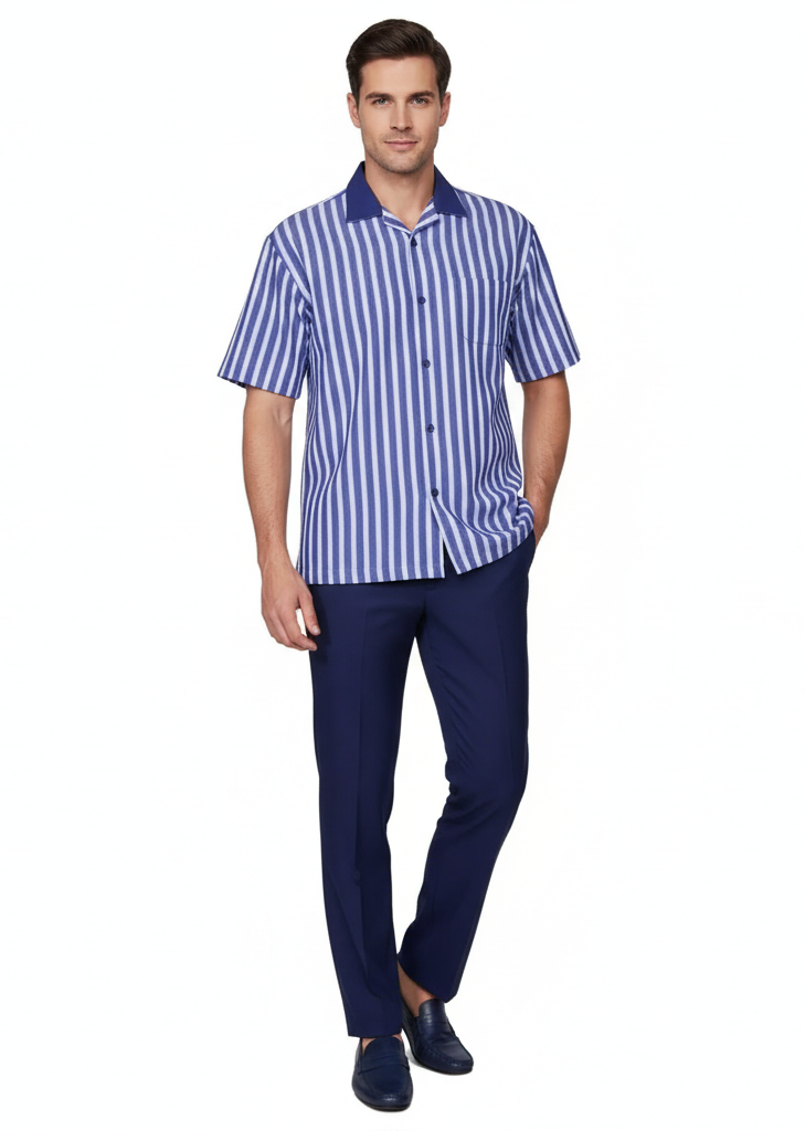 Blue White Stripe Shirt Set Short Sleeve - Summer Two-Piece