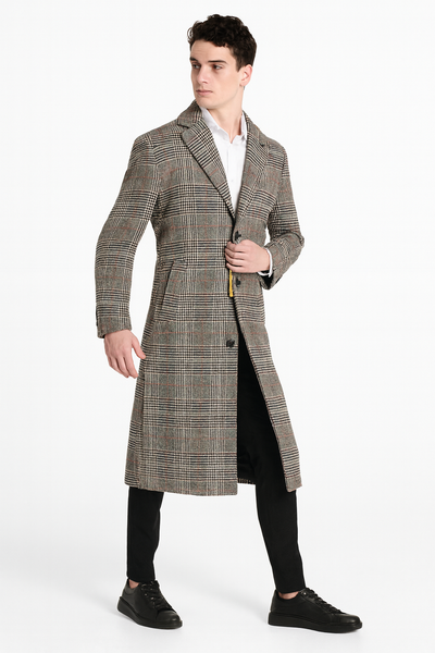 Long Plaid Checkered Wool Blend Overcoat for Men