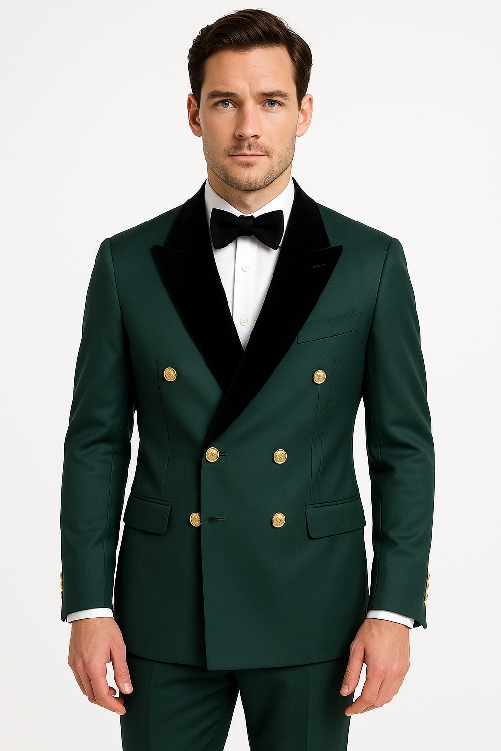Green Double-Breasted Tuxedo with Velvet Lapel