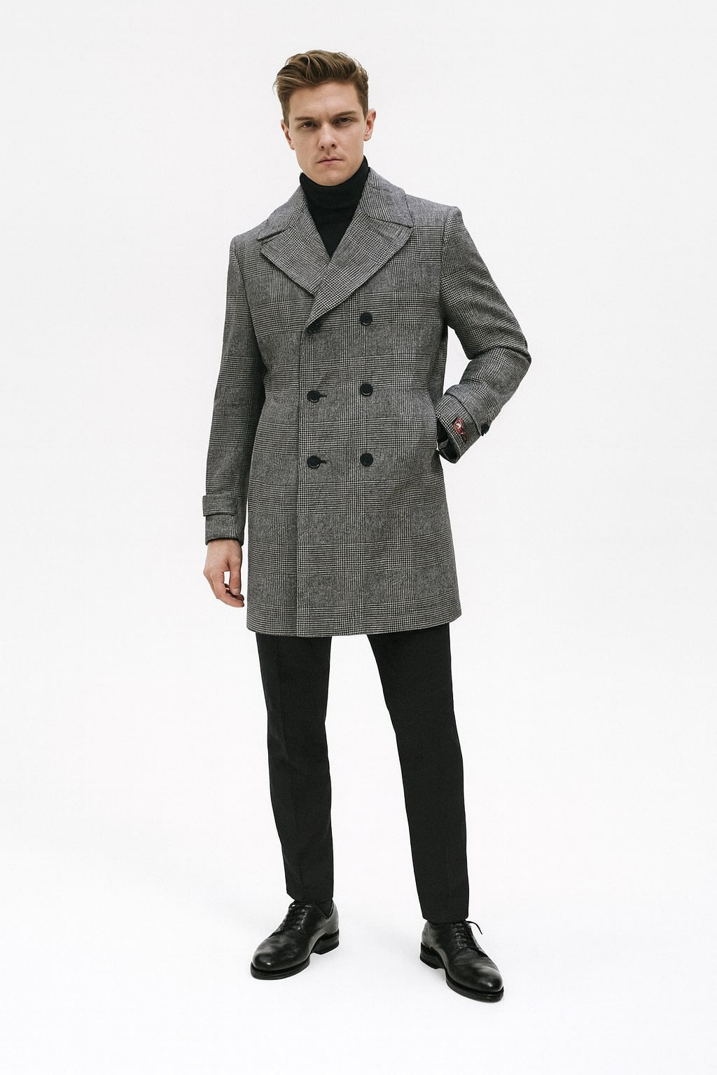 Grey Plaid Double-Breasted Overcoat with Faux Fur Collar