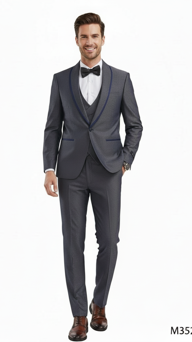 Charcoal Gray Slim Fit Suit with Blue Trim - 3 Piece