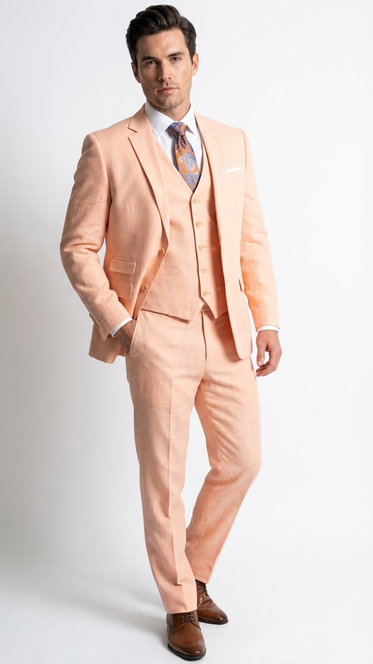 peach dress shirt with tie Peach Mens Suit, Premium Two Piece, Wedding Groom Wear