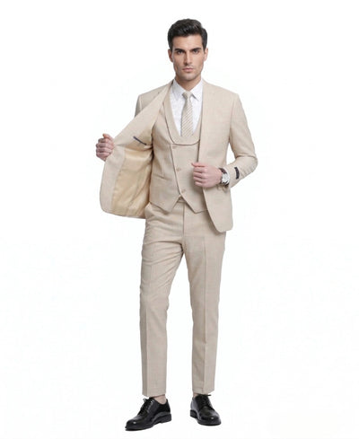 Mens Sand Beige 3 Piece Suit – Double breasted Vest Formal Suit Set  and Dress Pants in Champaign Natural Summer Color