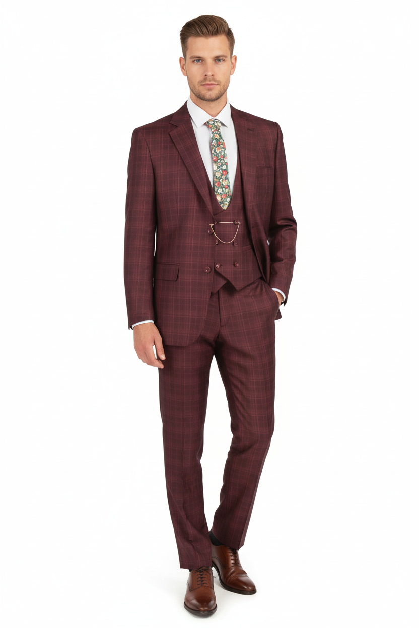 Burgundy Windowpane Classic Fit 3-Piece Suit