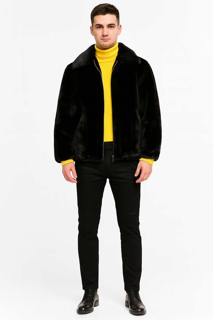 Men’s Black Faux Fur Zip-Up Jacket