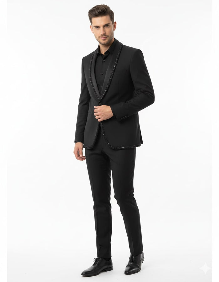 Black Designer Blazer with Beaded Lapel