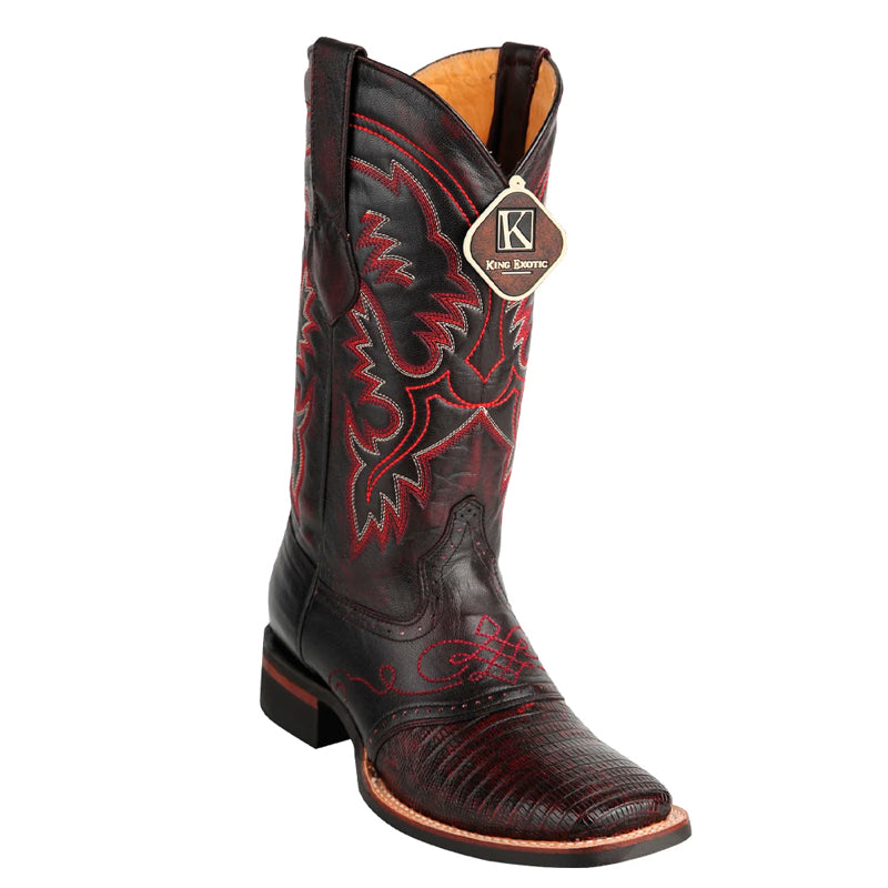 King Exotic Teju Lizard Square Toe Boots Black Cherry