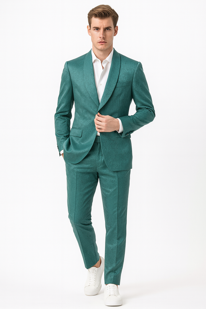 Teal Green Floral Jacquard Slim Tuxedo Blazer
