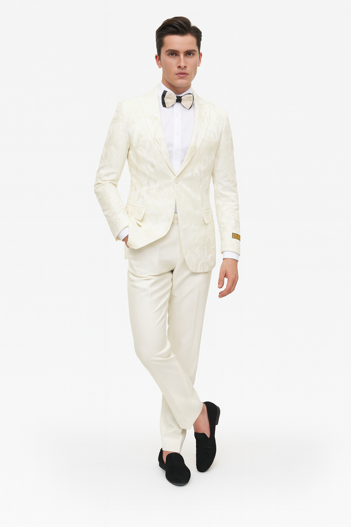Ivory Floral Embroidered Tuxedo Jacket for Men