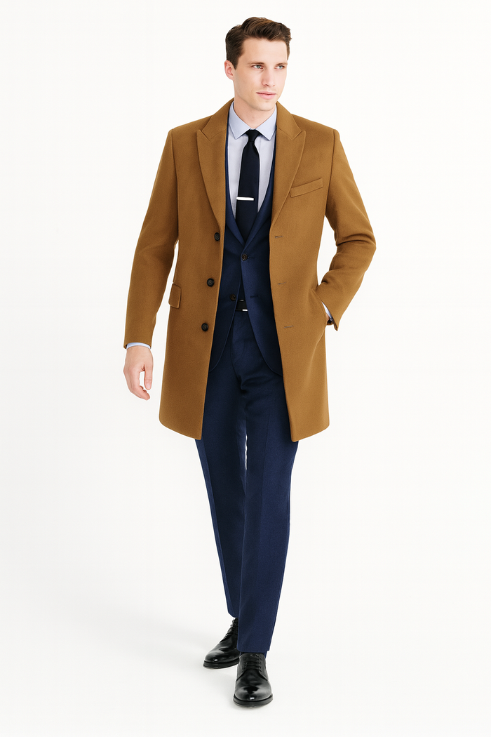 Men’s Camel Brown Wool Overcoat - Classic Long Dress Coat