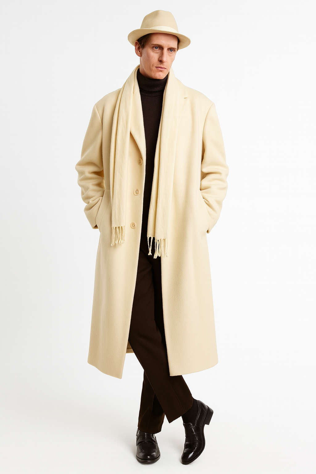 Men’s Long Wool Overcoat in Ivory