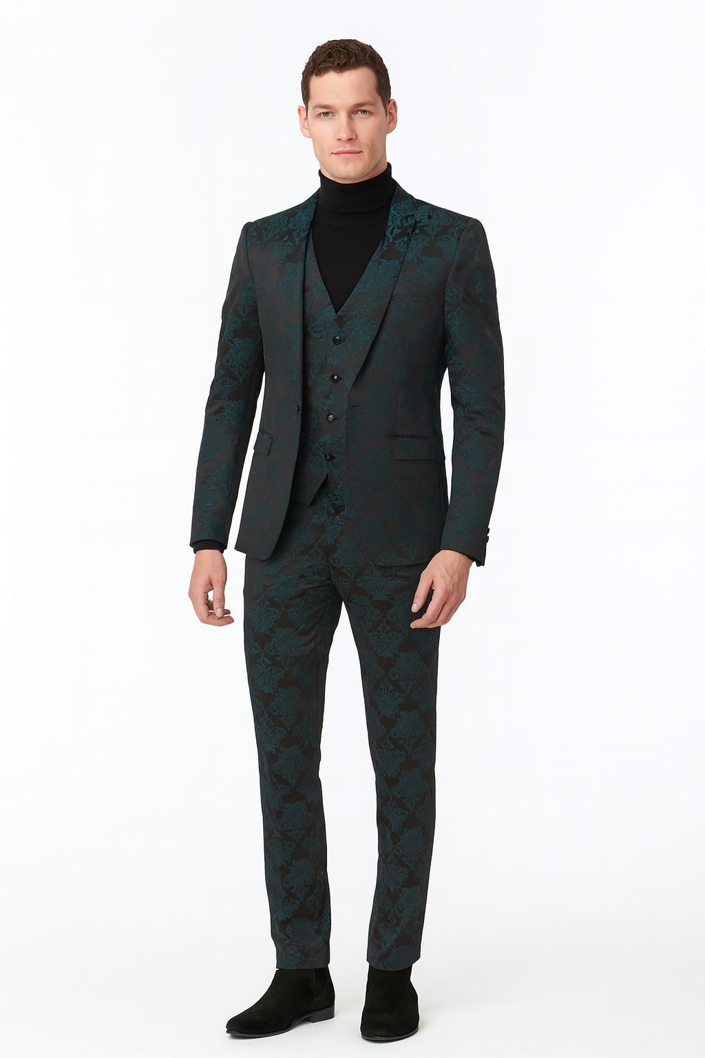 Men’s Emerald Green Floral Jacquard 3-Piece Tuxedo Suits – Slim Fit Formal Set with Blazer, Vest, and Pants Paisley Fabric - Ultra slim fitted