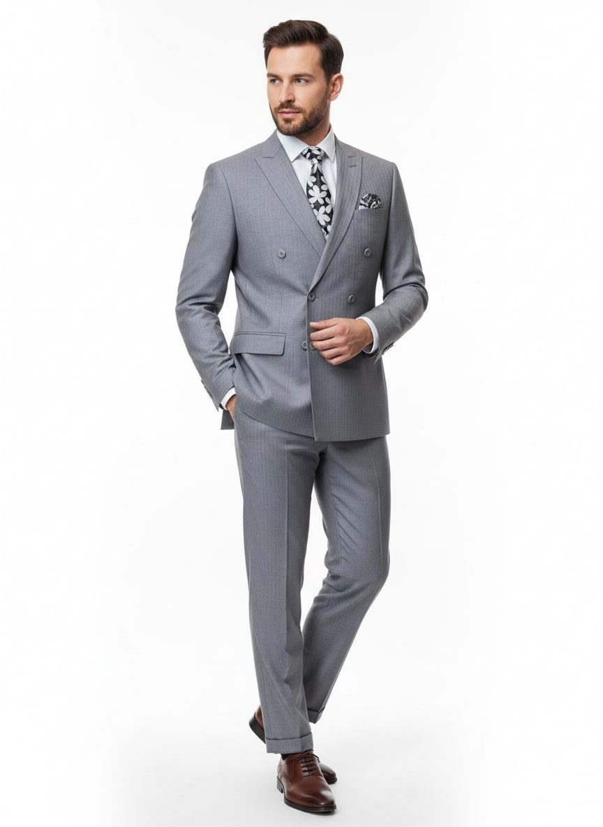 Grey Double-Breasted Slim Fit Suit