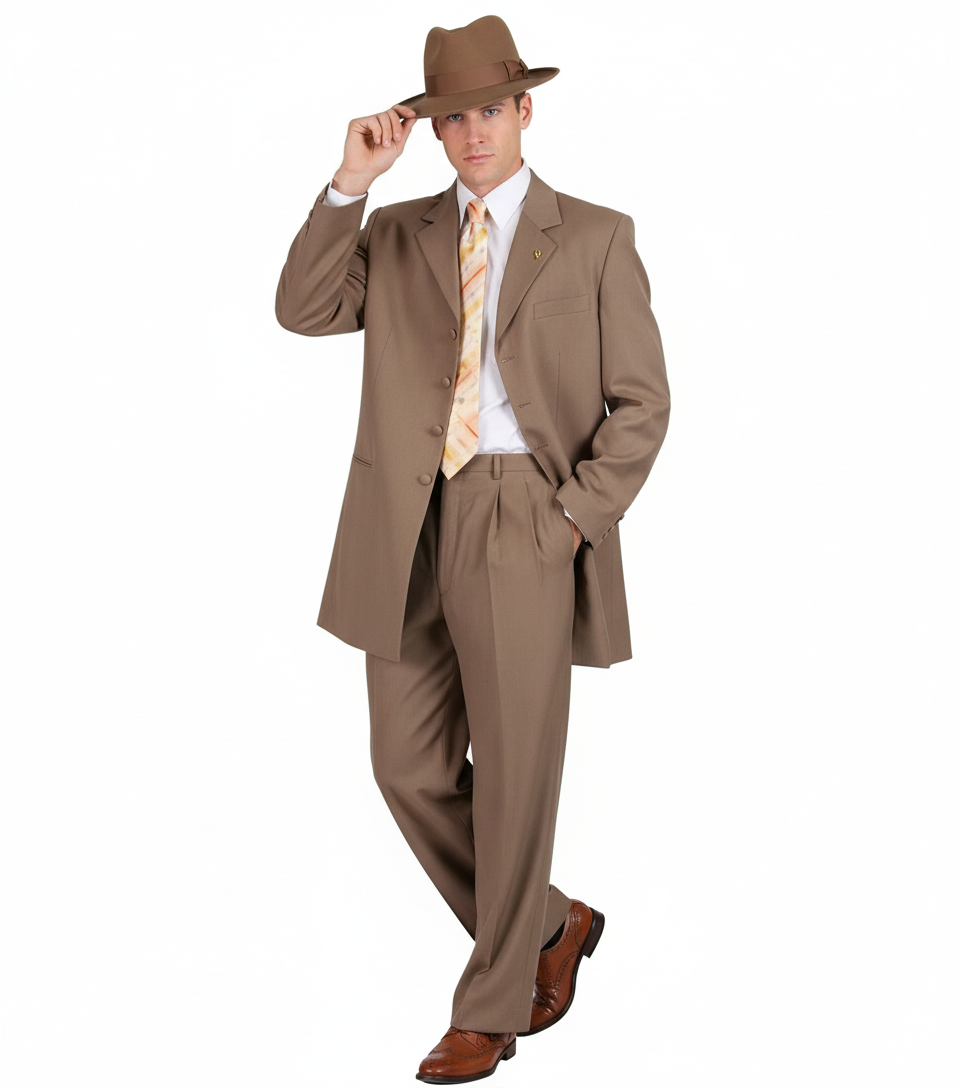 Men’s 1920s Tan Zoot Suit with Fedora Hat and Wingtip Shoes – Vintage Gangster 3-Piece Long Jacket Suit