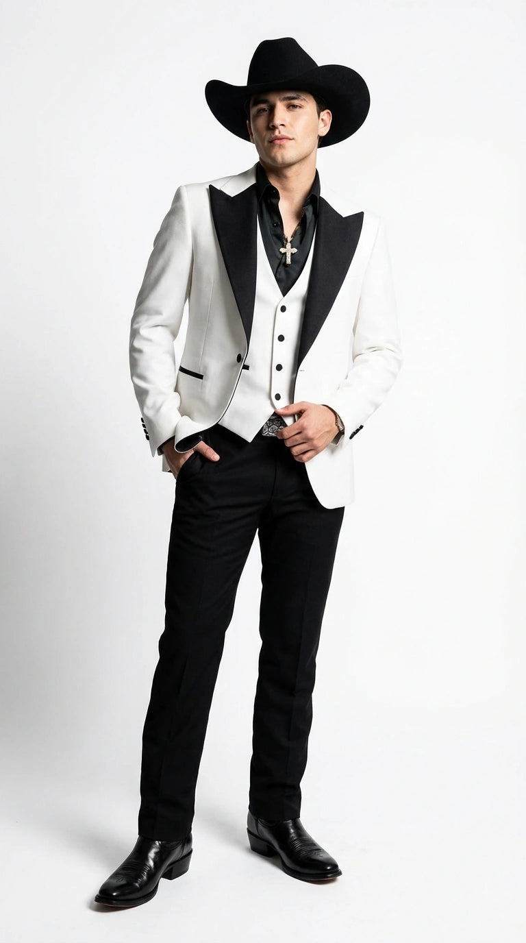 Men’s White Cowboy Tuxedo with Black Satin Lapel – Western Formal Suit with Matching Vest White / 38 Regular Jacket+32 Waist Adjustable 28to34)(Height Men’s White Cowboy Tuxedo with Black Satin Lapel – Western Formal Suit with Matching Vest White / 38 Regular Jacket+32 Waist Adjustable 28to34)(Height
