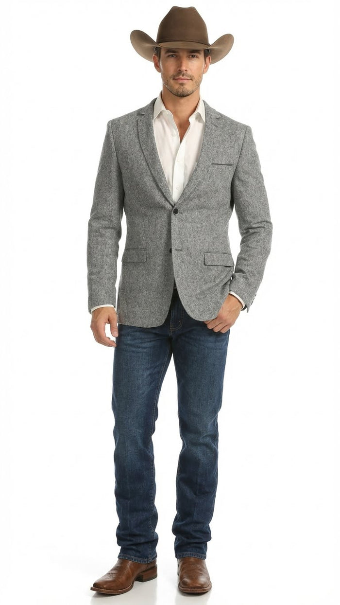 Men's Grey Tweed Herringbone Western Blazer Jacket  Style Look, Textured Formal Casual Sport Coat for Jeans