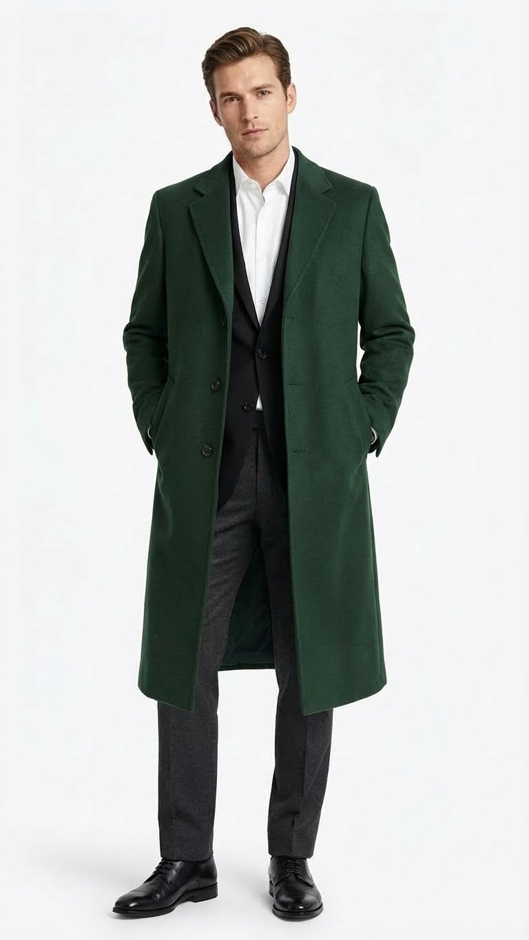 Men’s Hunter Green Full-Length Wool Overcoat – Classic Winter Dress Coat for Formal and Casual Wear Topcoat Mens Wintercoat