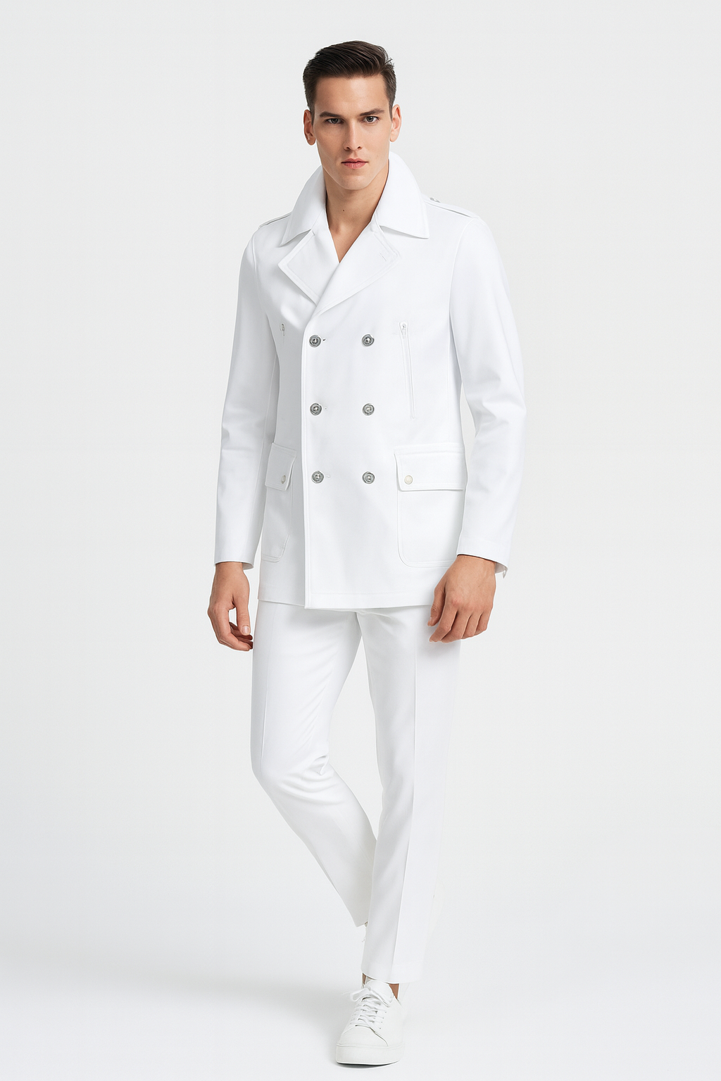Men’s White Double-Breasted Wool Peacoat Slim Fit