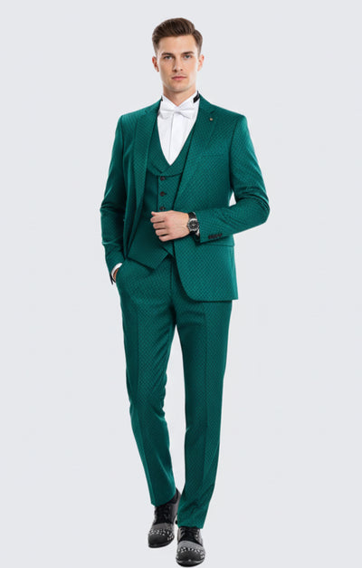 Men’s Emerald Green Textured 3-Piece Suit – Polk Dot Pattern Formal Wedding, Prom, and Evening Wear Outfit