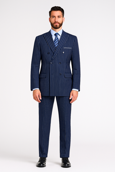 Men’s Royal Blue Pinstripe Double-Breasted Suit – 6-Button Classic Vintage Gangster Style in Indigo Cobalt Blue Pinstripe Color