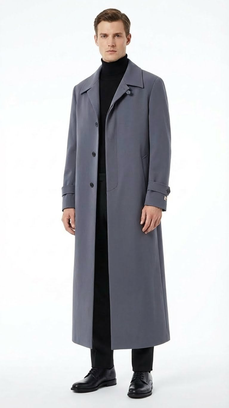 Men’s Full-Length Charcoal Grey Overcoat – Premium Microfiber Blend Long Dress Coat for Winter and Formal Wear in Gray Color