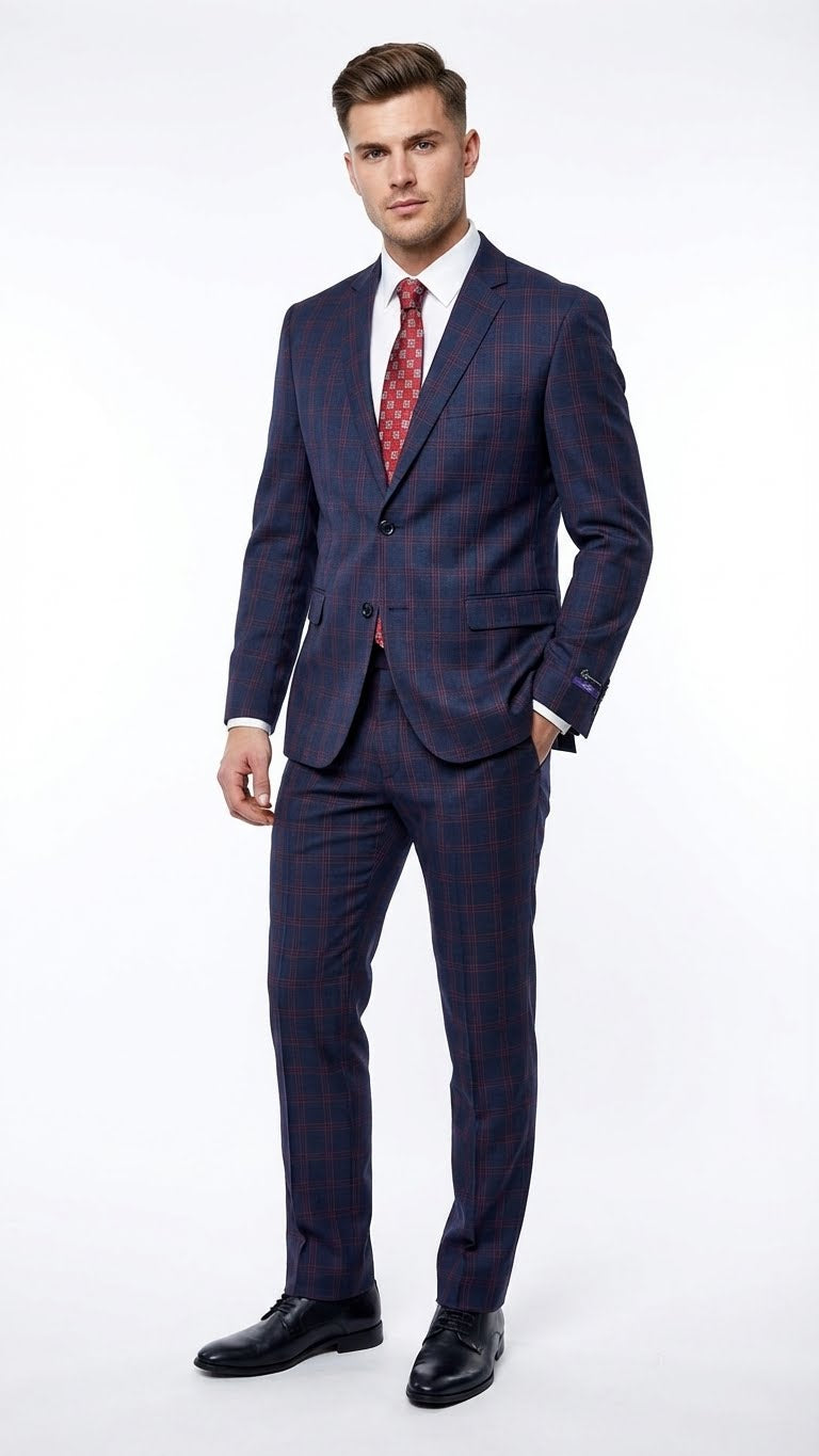 Men's Navy Blue and Burgundy Checkered Two-Piece Suit Plaid Windowpane