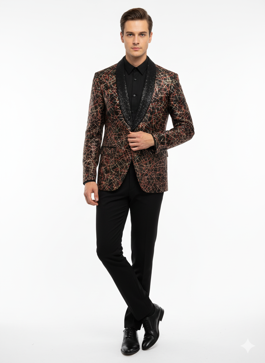 Men’s Black Shiny Designer Blazer with Red and Gold Pattern – Luxury Party & Wedding Jacket