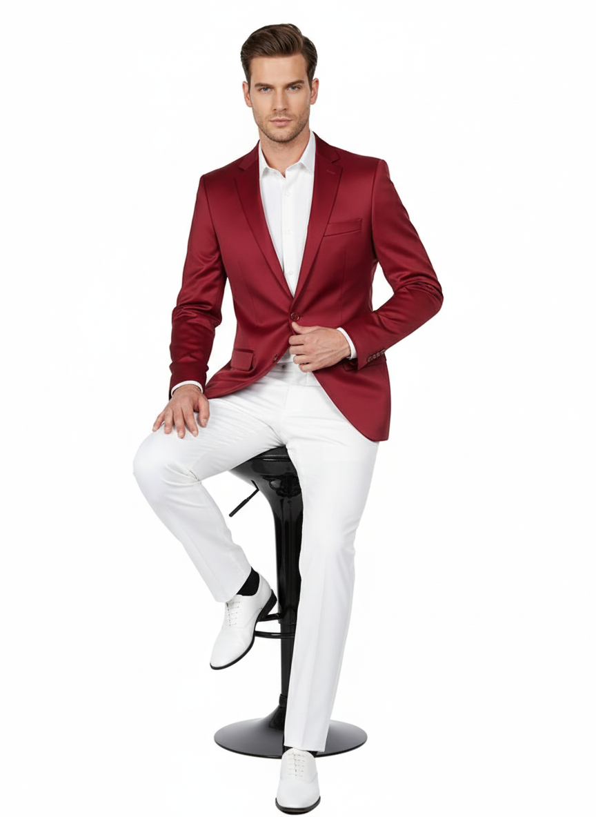 Burgundy Satin Slim Fit Blazer for Men
