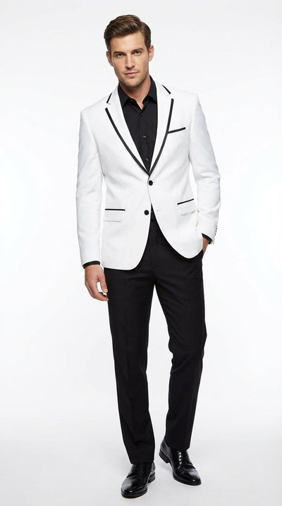 Men’s White Disco Blazer 70s Era Costume Jacket – Black Trim Retro Party Blazer, Vintage Dance Outfit, Stylish Evening Themed Wear