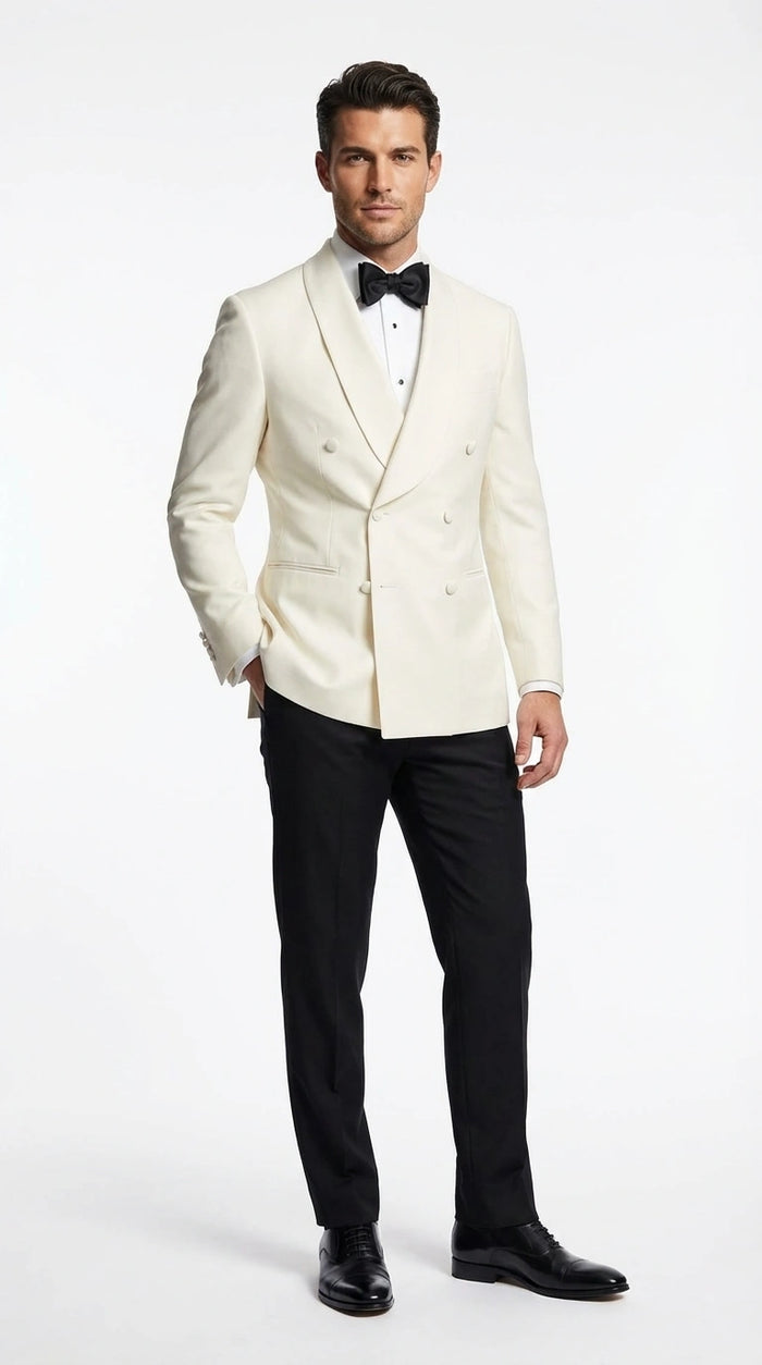Men’s Ivory Wool Dinner Jacket – Classic Double Breasted Formal Tuxedo Jacket for Wedding and Black Tie Events