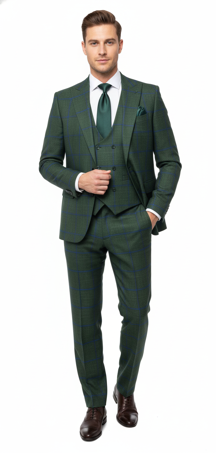 Men’s Green Plaid Classic Slim 3-Piece Suit