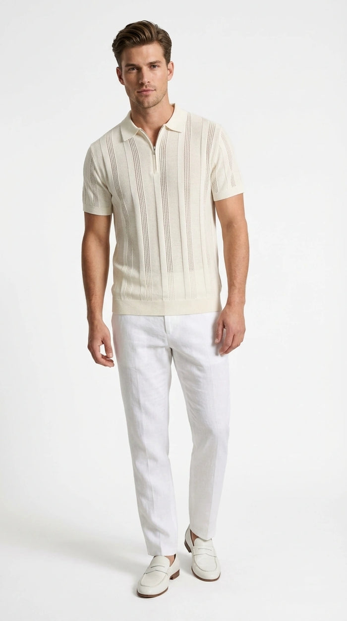 Mens Cream Ivory Off White Knit Walking Suit Set – Lightweight Short Sleeve Shirt and Pants Outfit for Summer, Vacation and Casual Wear Ivory Cream