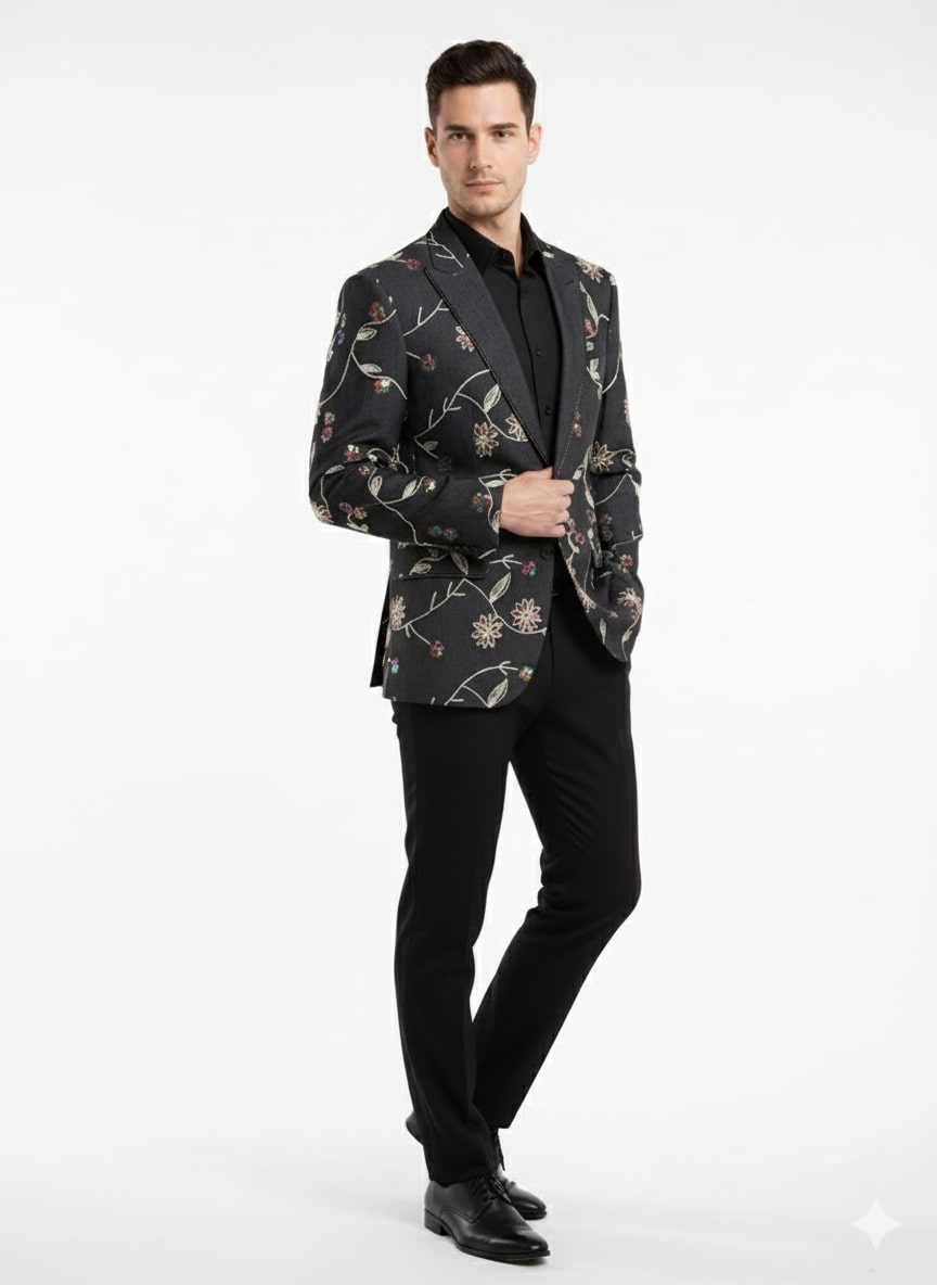 Black Floral Embroidered Designer Men's Blazer