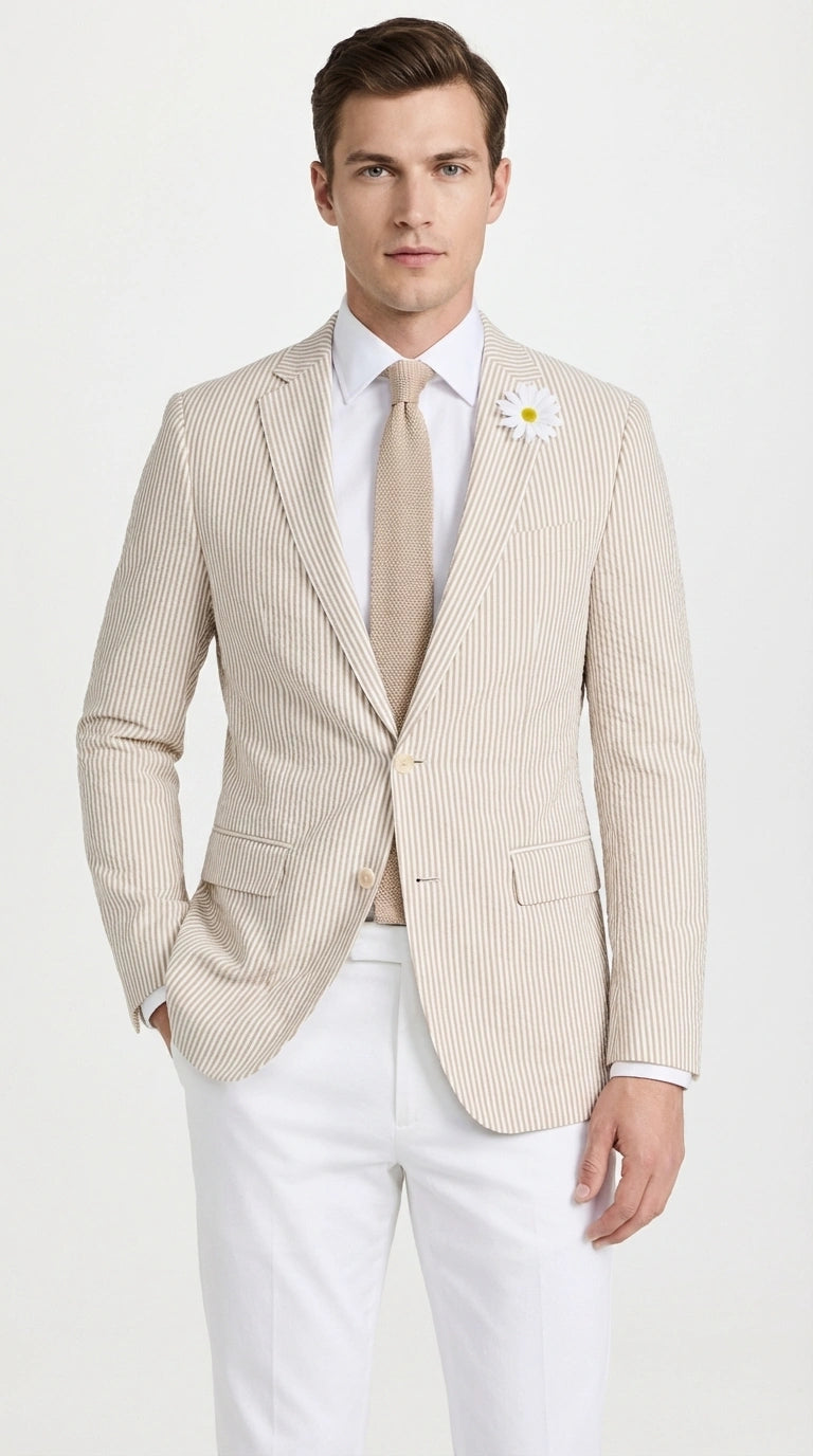 Mens Beige Seersucker Blazer – Lightweight Striped Summer Sport Coat Casual Smart Formal Jacket Beige / 56 Long