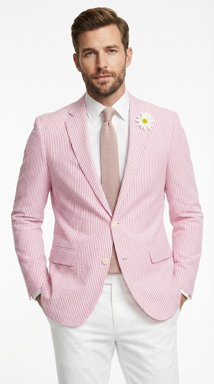 Mens Pink Seersucker Blazer – Lightweight Striped Summer Sport Coat Casual Smart Formal Jacket