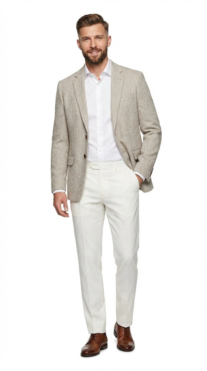 Men’s Light Tan Tweed Blazer – Classic Herringbone Sport Coat, Beige Casual Formal Jacket, Vintage Style Business & Smart Casual Wear