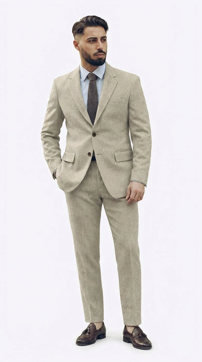 Men’s Light Tan Tweed Suit – Classic Beige Two Piece Suit, Herringbone Formal Wear, Vintage Style Business & Wedding Outfit for Men