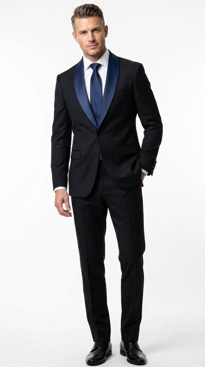 Men’s Black Suit with Navy Blue Lapel – Elegant Formal Tuxedo Style Suit for Wedding, Prom, Party and Evening Wear Black / 54 Long Jacket+48 Waist