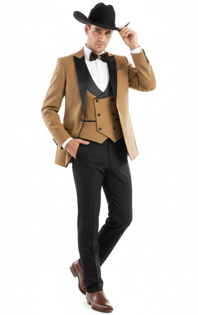 Men's Western Cowboy Tuxedo - 3-Piece Tan & Black Suit